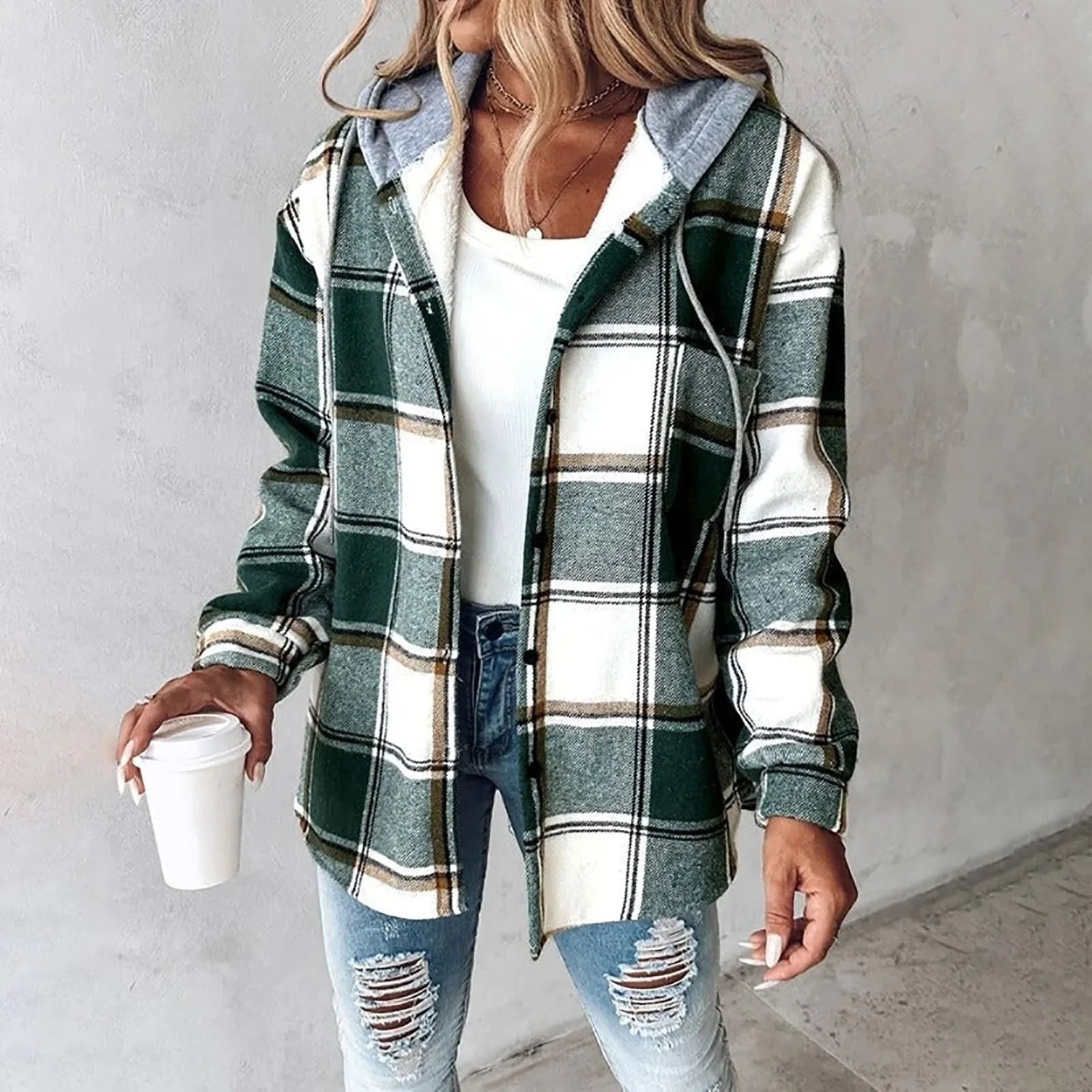 Damenjacke mit Kapuze, Relaxed Fit, Karomuster