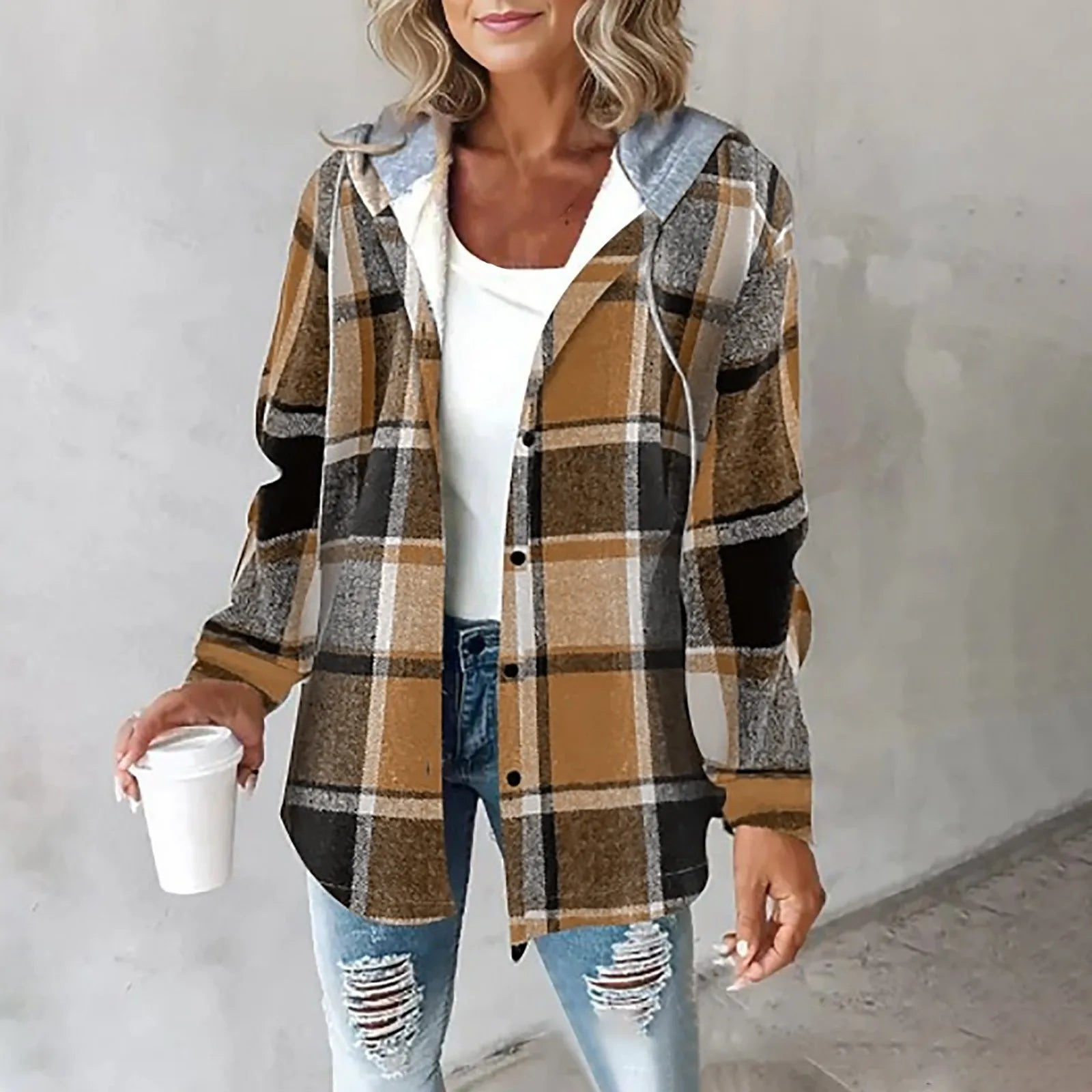 Damenjacke mit Kapuze, Relaxed Fit, Karomuster
