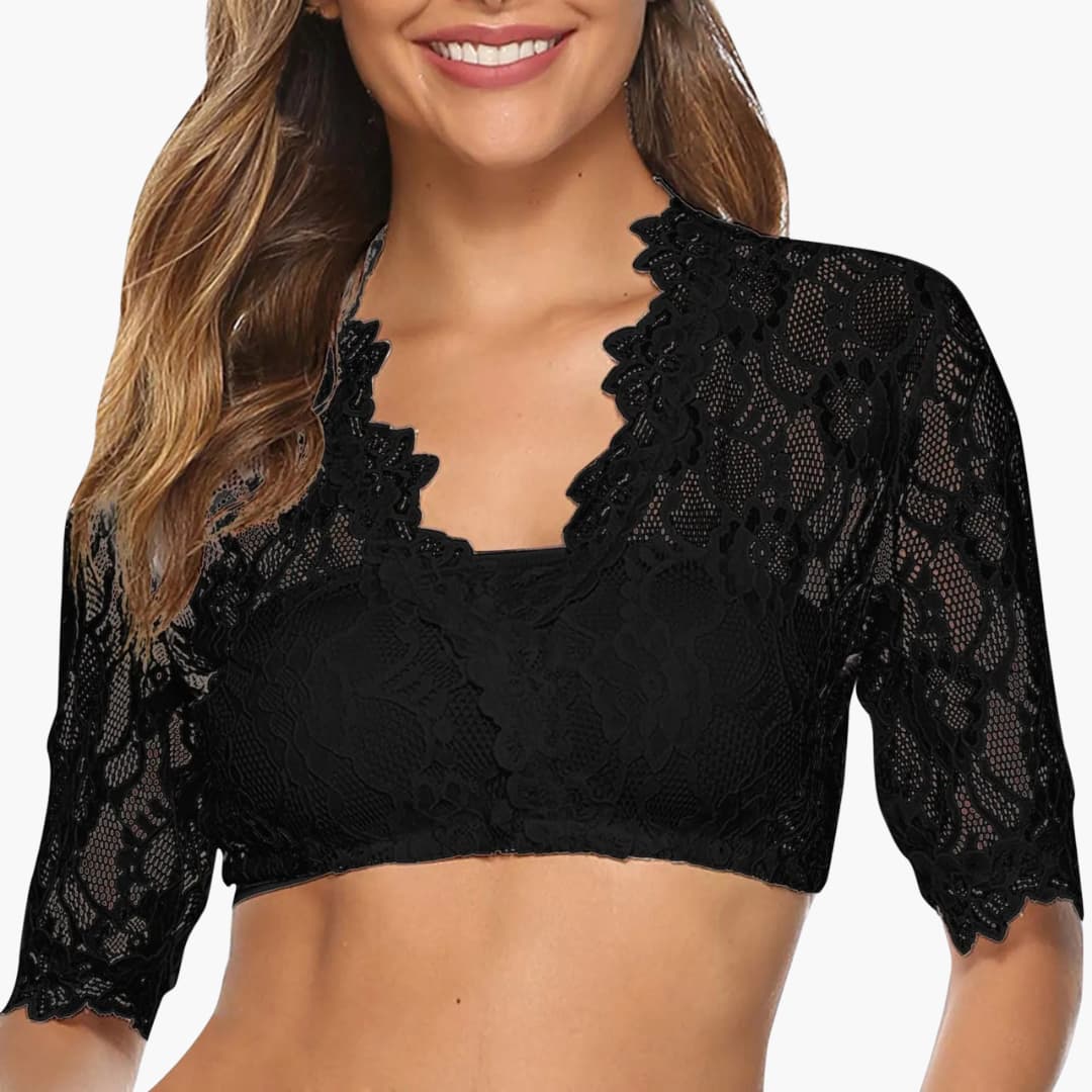 Dirndl Bluse für Frauen, V-Ausschnitt, Spitzenärmel | Kurz geschnitten 0