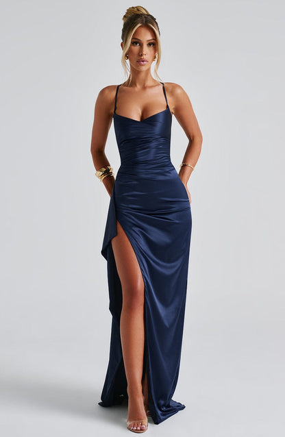 Dunkelblaues Damen Maxi-Abendkleid – Satin-Glanz, Hoher Schlitz & Figurbetonend 1
