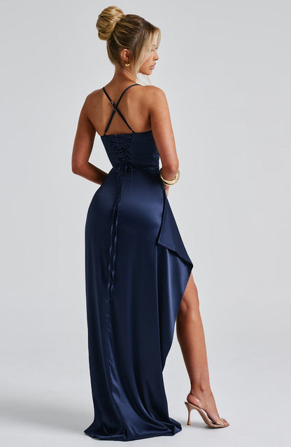 Dunkelblaues Damen Maxi-Abendkleid – Satin-Glanz, Hoher Schlitz & Figurbetonend 2