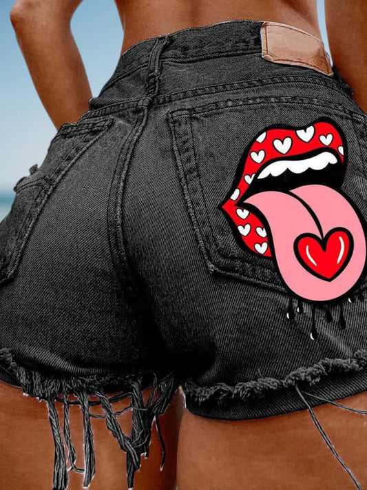 ENDGY VINTAGE Casual High Taille Denim Shorts mit Lippendruck 0