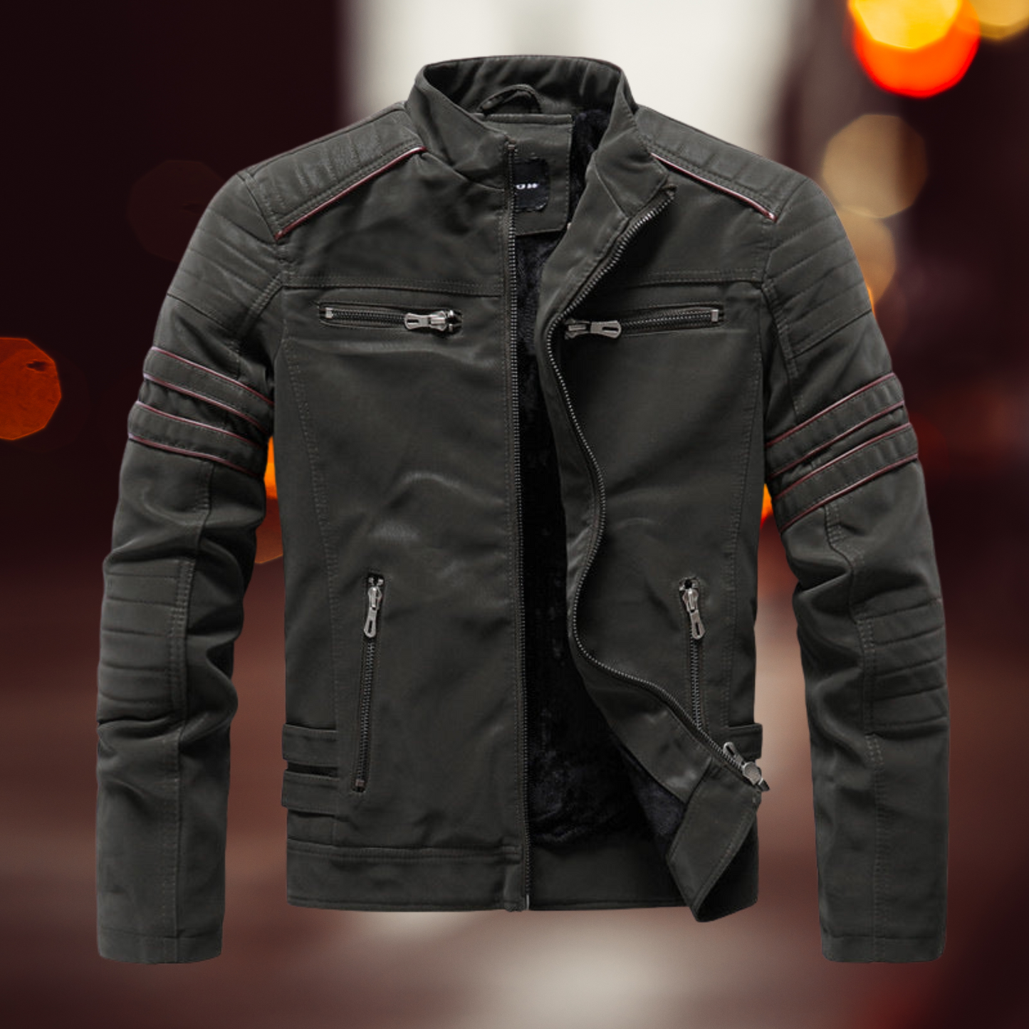 Echte Lederjacke für Herren – Bikerstil mit Langen Ärmeln | Militargrun