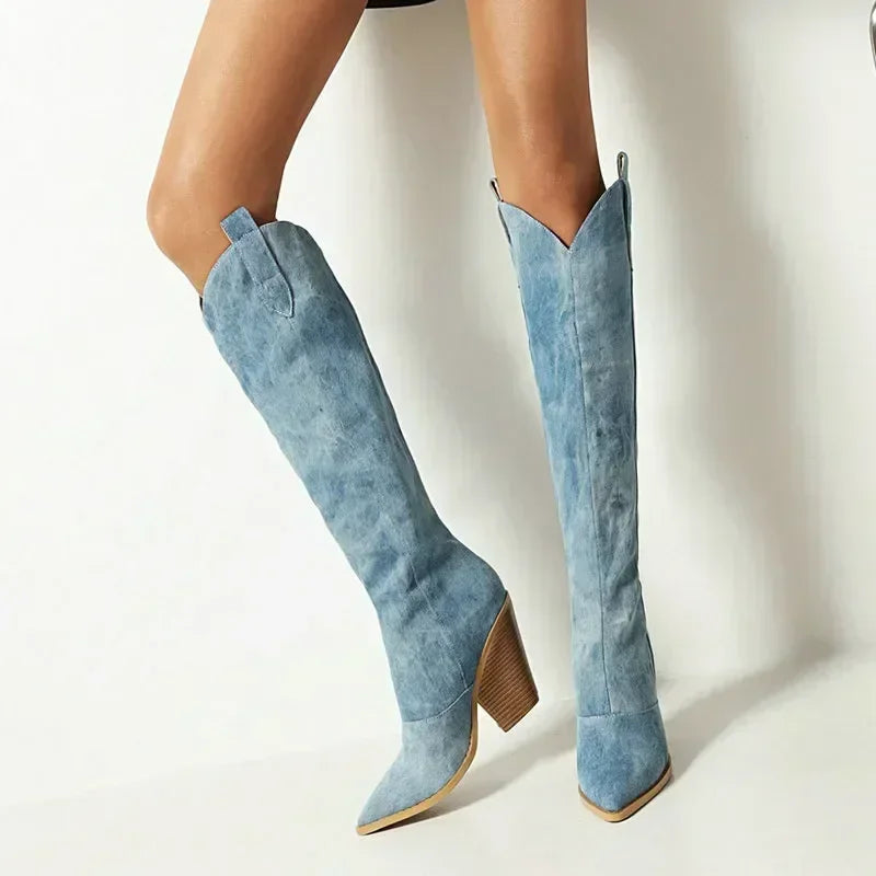 Elegante Blaue Kunstleder Overknee Stiefel mit Stiletto-Hak für Damen 2