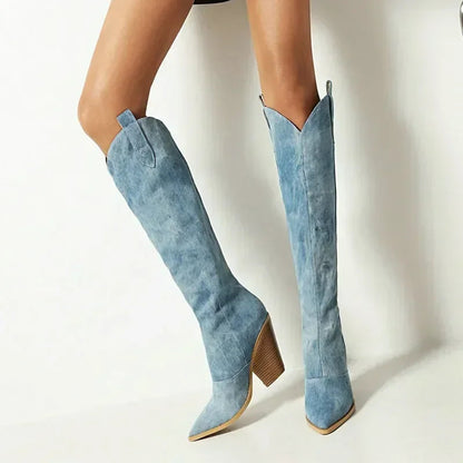 Elegante Blaue Kunstleder Overknee Stiefel mit Stiletto-Hak für Damen 2