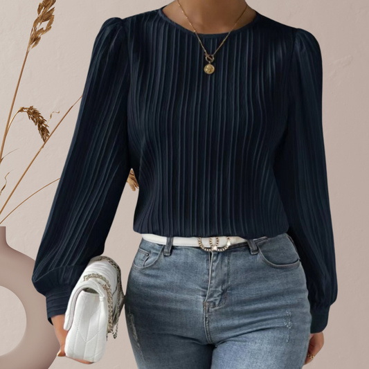 Elegante Damenbluse mit Runder Hals – Vielseitige Weiße Bluse für Büro und Freizeit, Weiches Material, Lange Ärmel | Dunkelblau