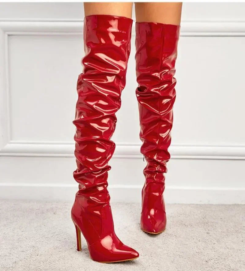 Elegante Overknee Stiefel Schwarz aus Kunstleder mit Stiletto-Hochhack und spitzer Zehenform 3