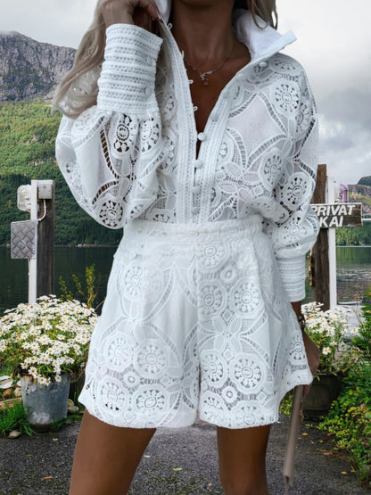 Elegantes 2-teiliges Spitzen-Outfit-Set mit langen Ärmeln und taillierter Taille