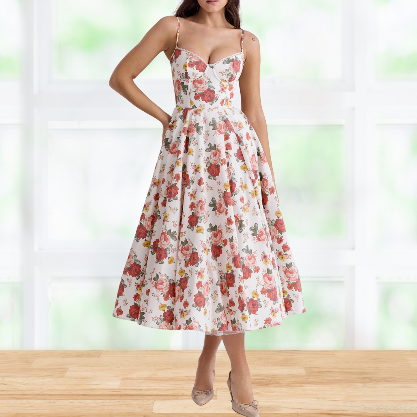 Elegantes Cocktailkleid aus Tüll mit Midirock für festliche Anlässe | Blumen