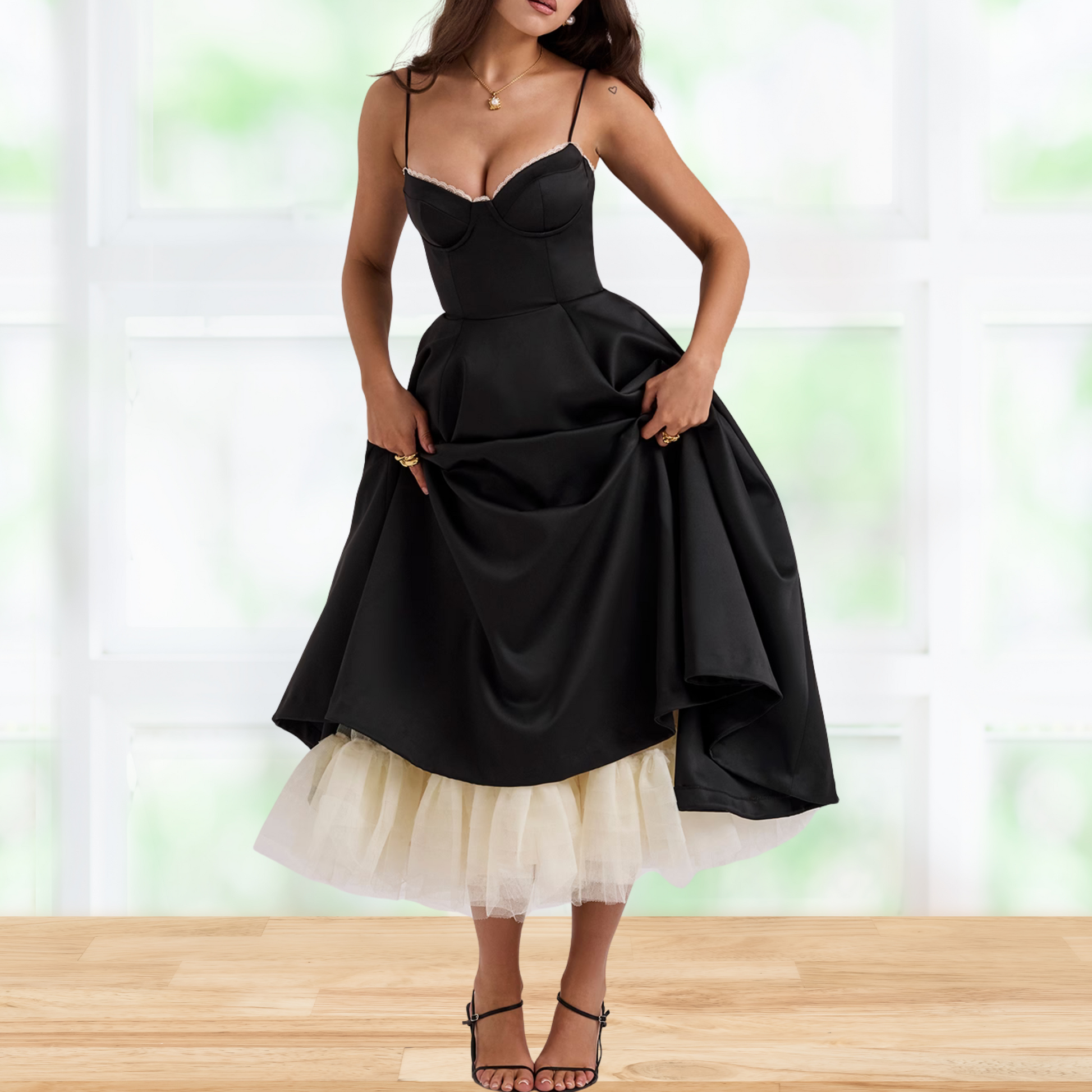 Elegantes Cocktailkleid aus Tüll mit Midirock für festliche Anlässe | Schwarz