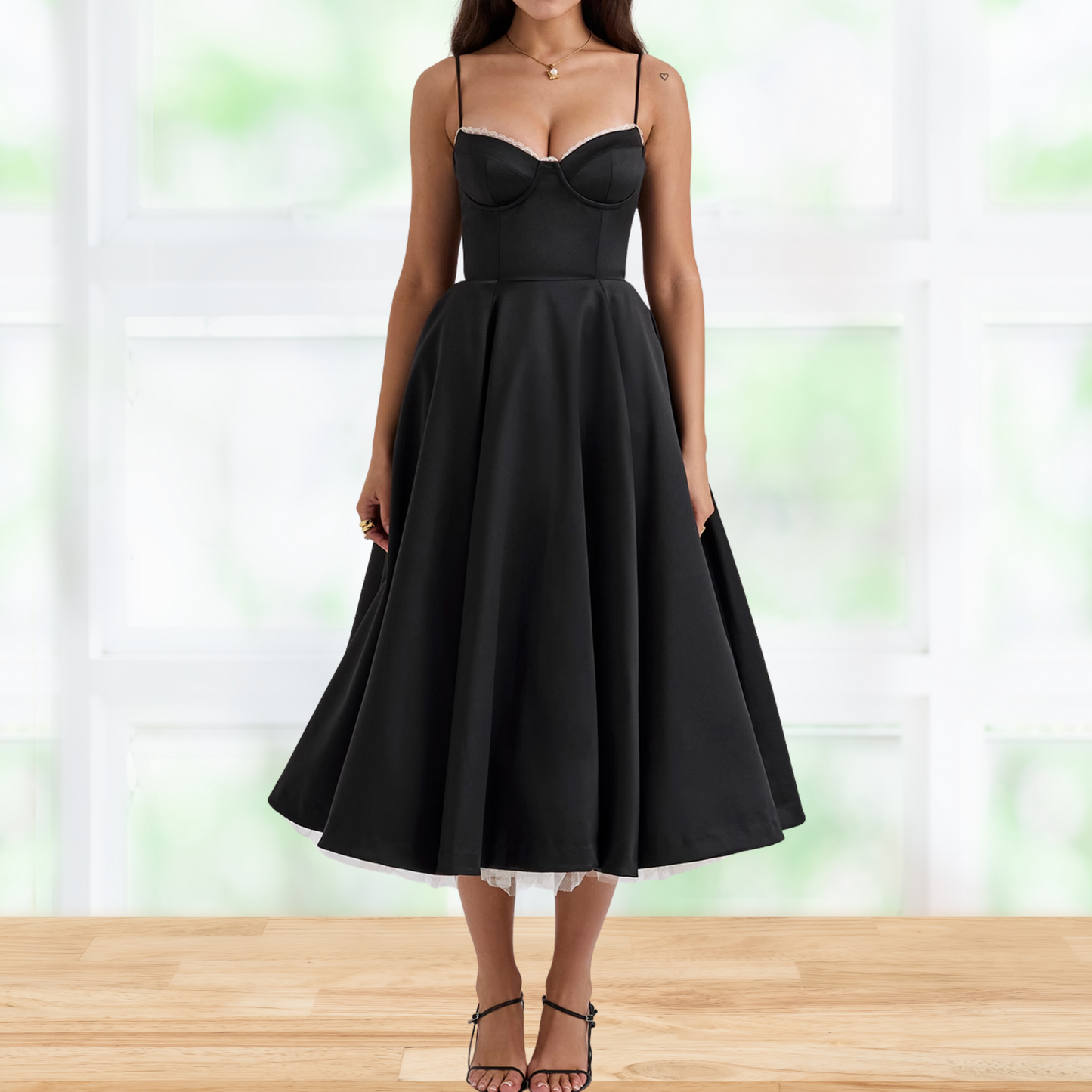 Elegantes Cocktailkleid aus Tüll mit Midirock für festliche Anlässe | Schwarz 2