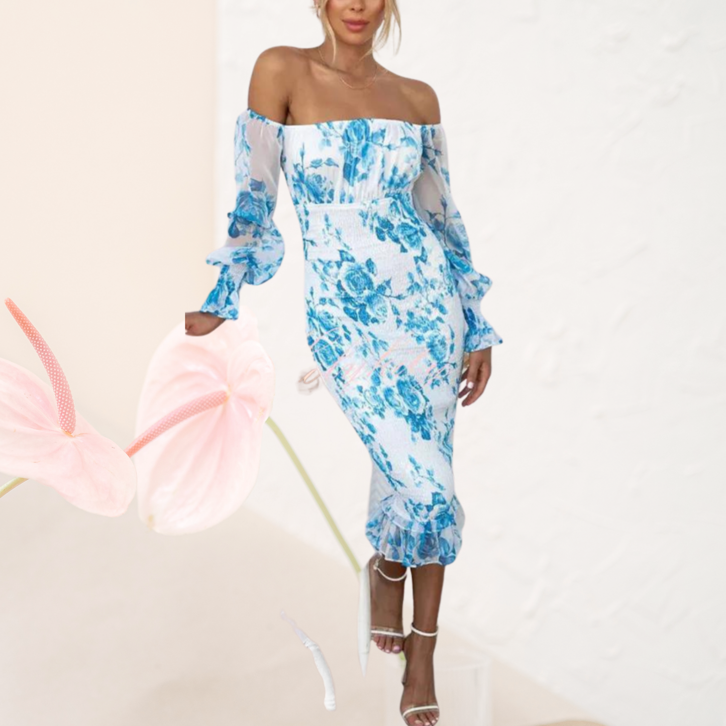Elegantes Off-Shoulder Damenkleid mit Blumenmuster – Figurbetontes Festliches Kleid für Hochzeitsgäste und Besondere Anlässe | Blau