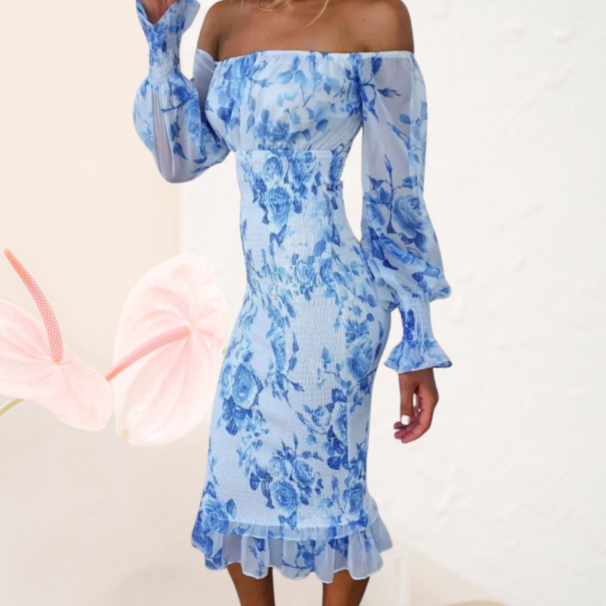Elegantes Off-Shoulder Damenkleid mit Blumenmuster – Figurbetontes Festliches Kleid für Hochzeitsgäste und Besondere Anlässe | Blau 3