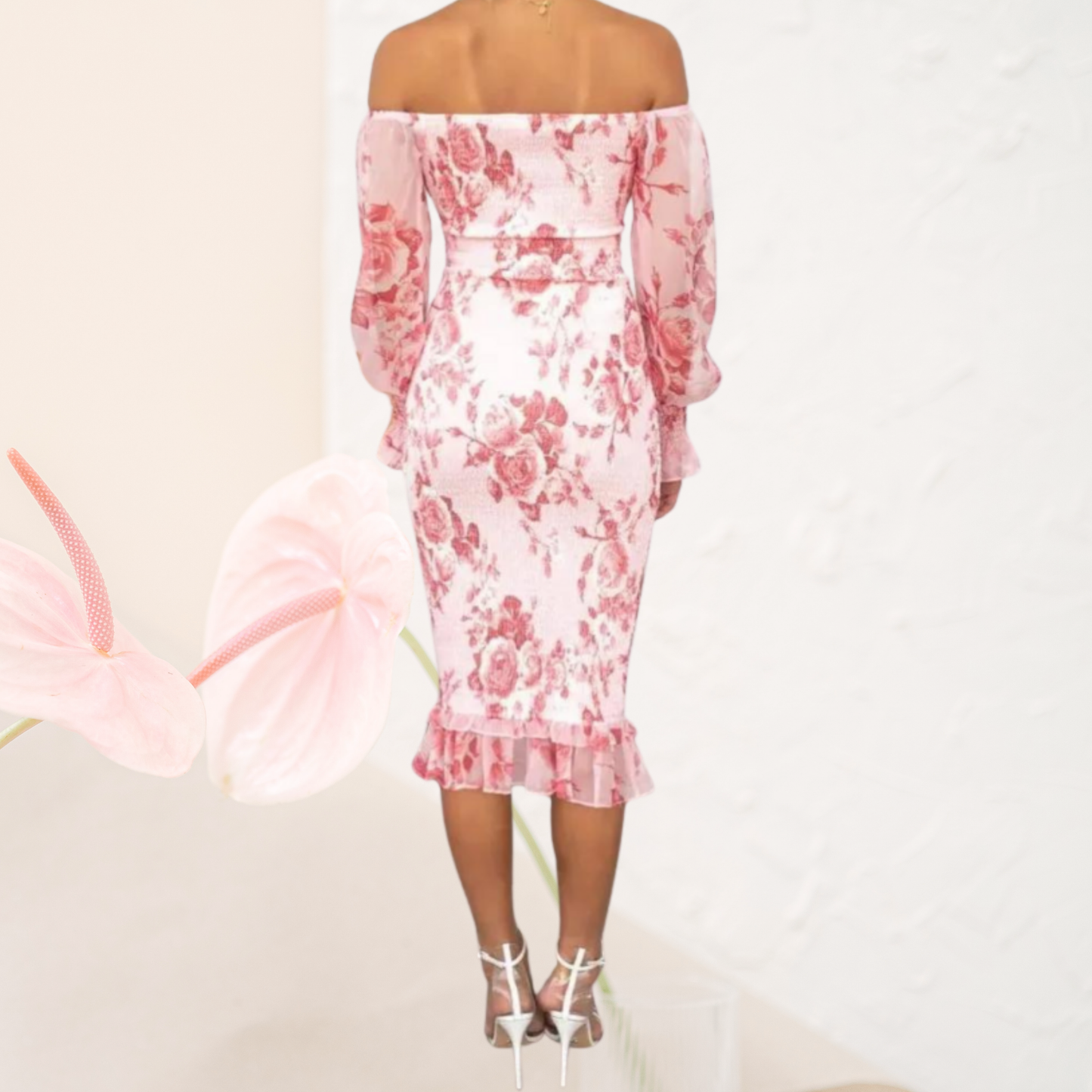 Elegantes Off-Shoulder Damenkleid mit Blumenmuster – Figurbetontes Festliches Kleid für Hochzeitsgäste und Besondere Anlässe | Rot 3