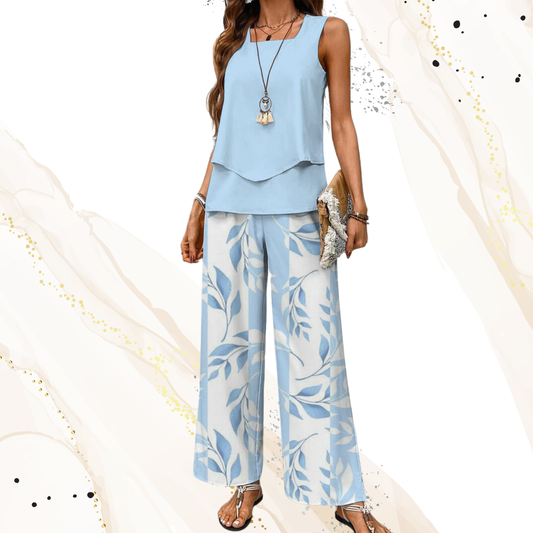 Elegantes Zweiteiliges Zomerset mit Mouwlosem Top und Weiten Hosen – Atmungsaktives Material für Warme Tage | Blau