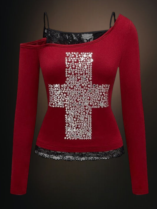 Elise | Elegantes Festliches Oberteil Damen mit Glitzer, Asymmetrischem Design und Spitzenabschluss | Rot