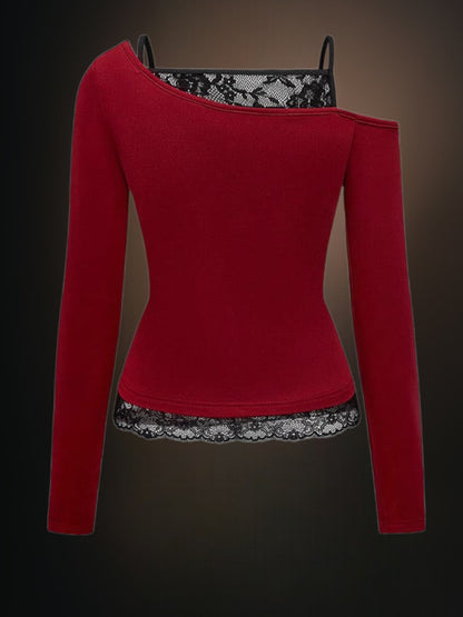 Elise | Elegantes Festliches Oberteil Damen mit Glitzer, Asymmetrischem Design und Spitzenabschluss | Rot 2