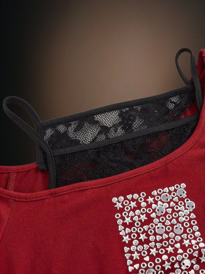 Elise | Elegantes Festliches Oberteil Damen mit Glitzer, Asymmetrischem Design und Spitzenabschluss | Rot 3