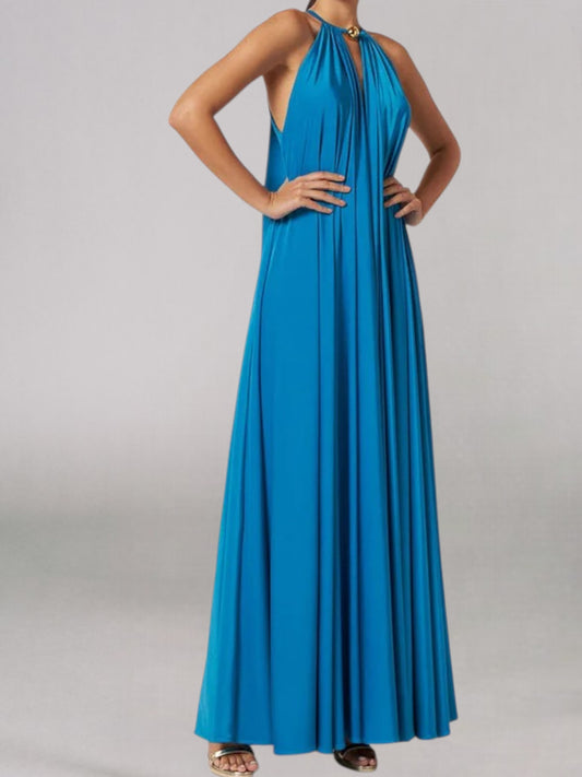 
Elsa | Elegantes Maxikleid aus Satin mit asymmetrischem Ausschnitt und ohne Ärmel für besondere Anlässe | Blau