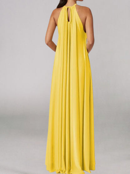 Elsa | Elegantes Maxikleid aus Satin mit asymmetrischem Ausschnitt und ohne Ärmel für besondere Anlässe | Gelb 2