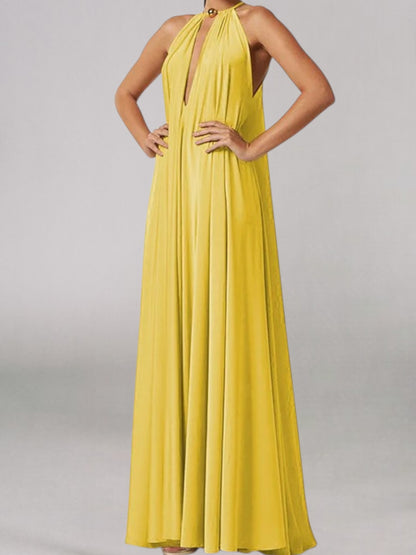 Elsa | Elegantes Maxikleid aus Satin mit asymmetrischem Ausschnitt und ohne Ärmel für besondere Anlässe | Gelb 3