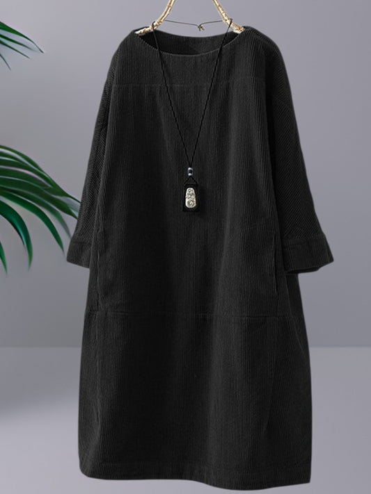 Elvira | Elegantes Festliches Damenkleid aus Tencel mit Langarm und Rundhalsausschnitt| Scharz