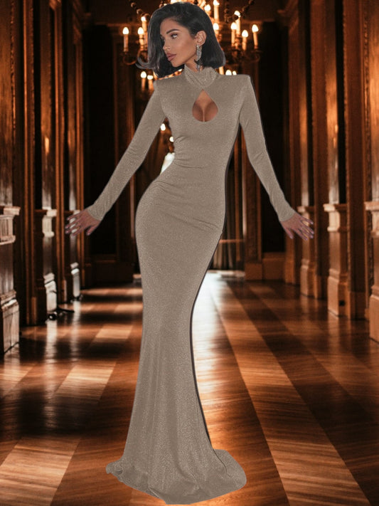 Emilia | Elegantes Maxikleid Langarm mit Schlüssel-Ausschnitt für festliche Anlässe | Silber