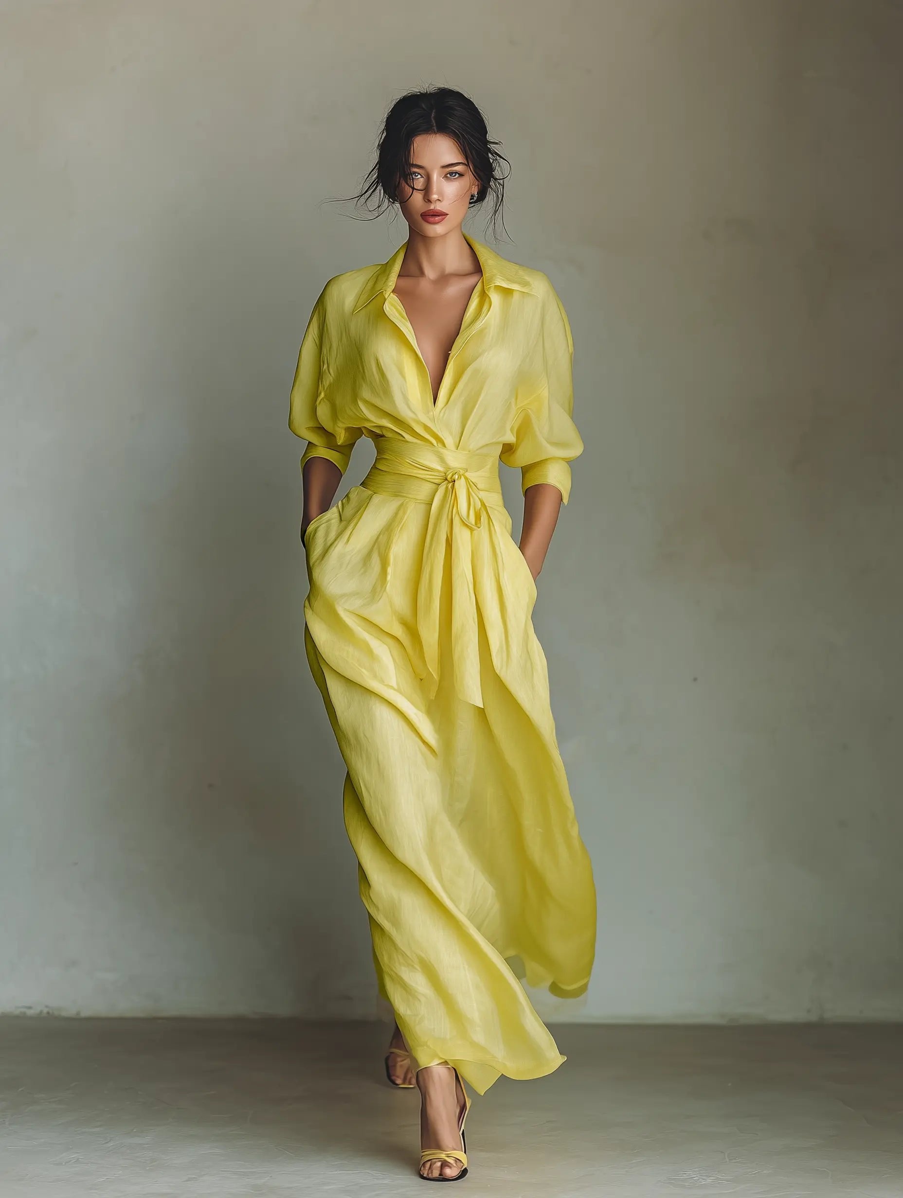Maxi Kleid Damen | Hemdkleid mit V-Ausschnitt & Gürtel