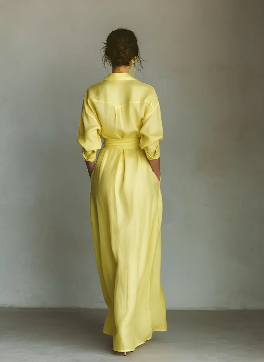 Maxi Kleid Damen | Hemdkleid mit V-Ausschnitt & Gürtel