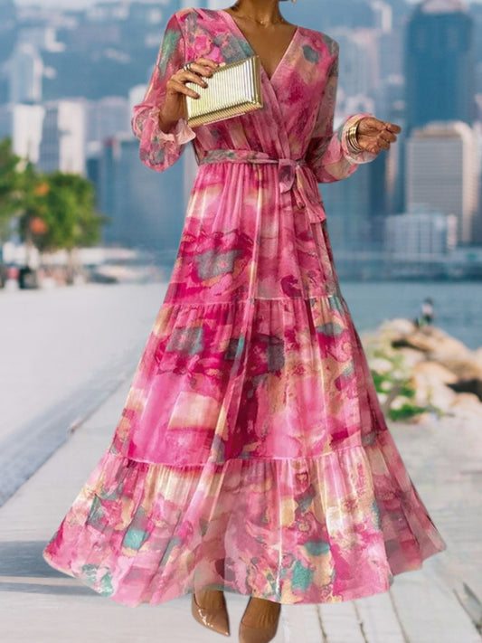 Emily | Elegantes langärmeliges Blumenkleid aus leichtem Stoff für den Sommer | Rosa