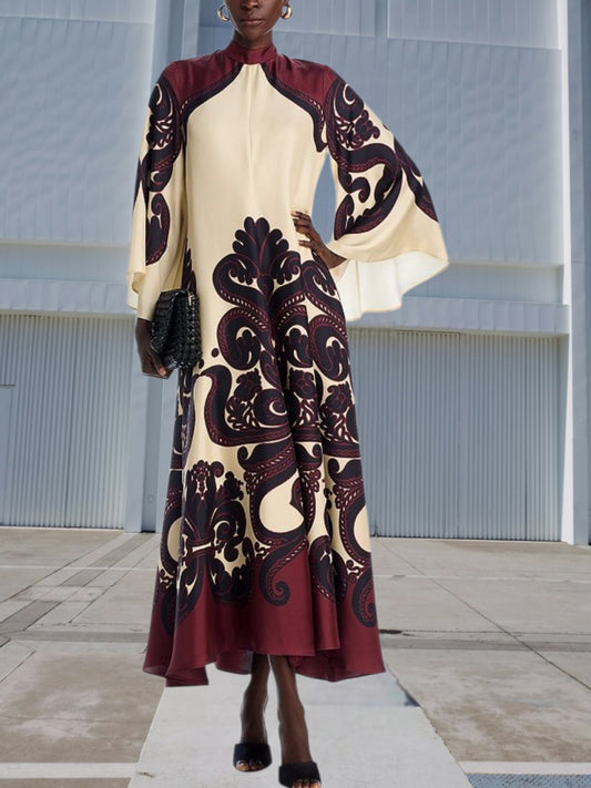 Emma | Elegantes Maxikleid Sommer mit Ethnischem Druck und langen Ärmeln aus Atmungsaktivem Stoff | Beige