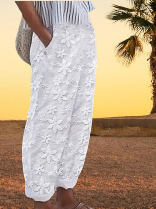 Fanny | Bequeme Leinenhose Damen mit elastischer Taille und weitbeiniger Passform für den Sommer | Weiß