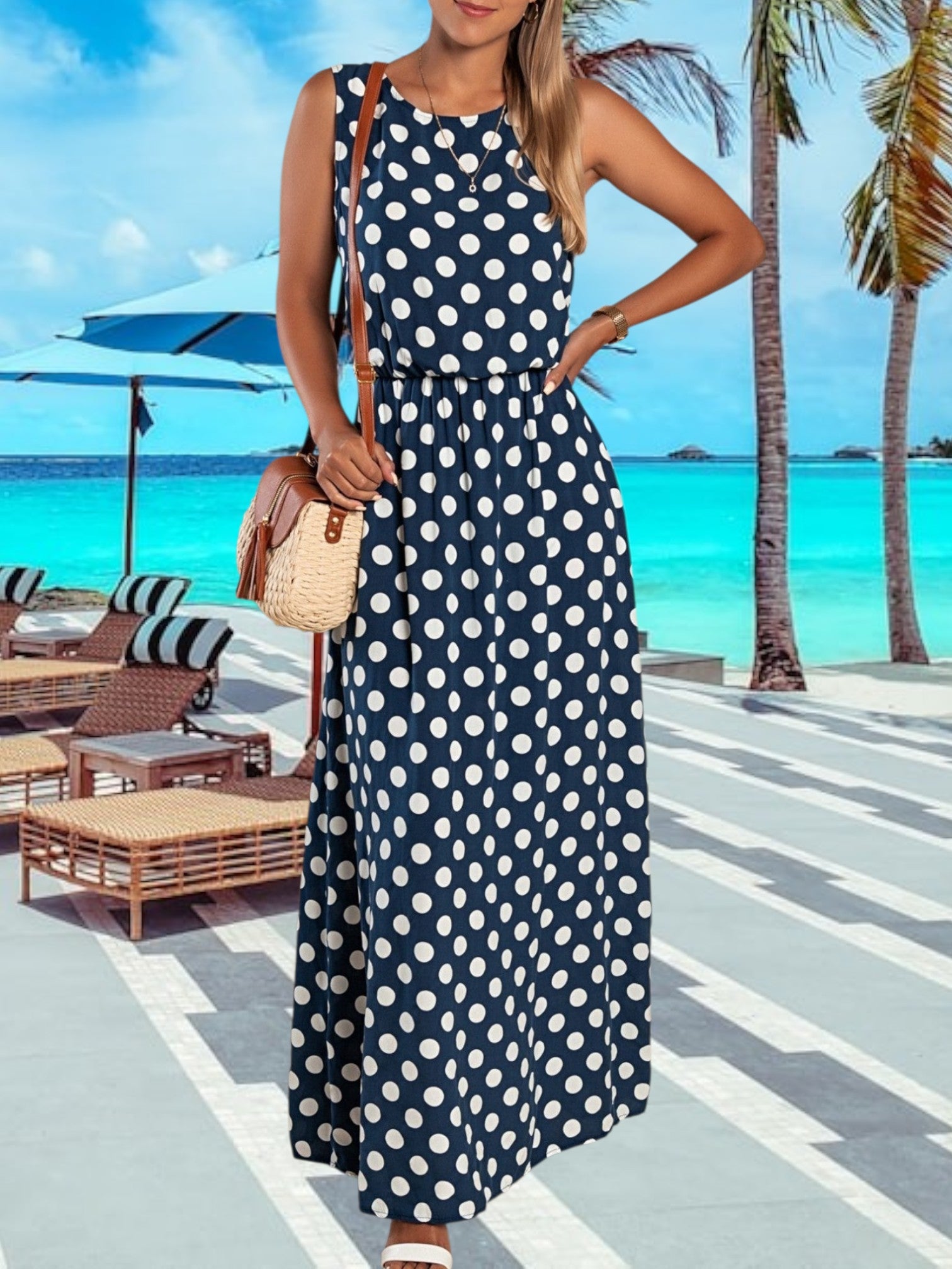 Fenja | Elegantes Maxikleid mit Polka Dots, figurbetont, ärmellos, ideal für den Sommer | Marineblau 2