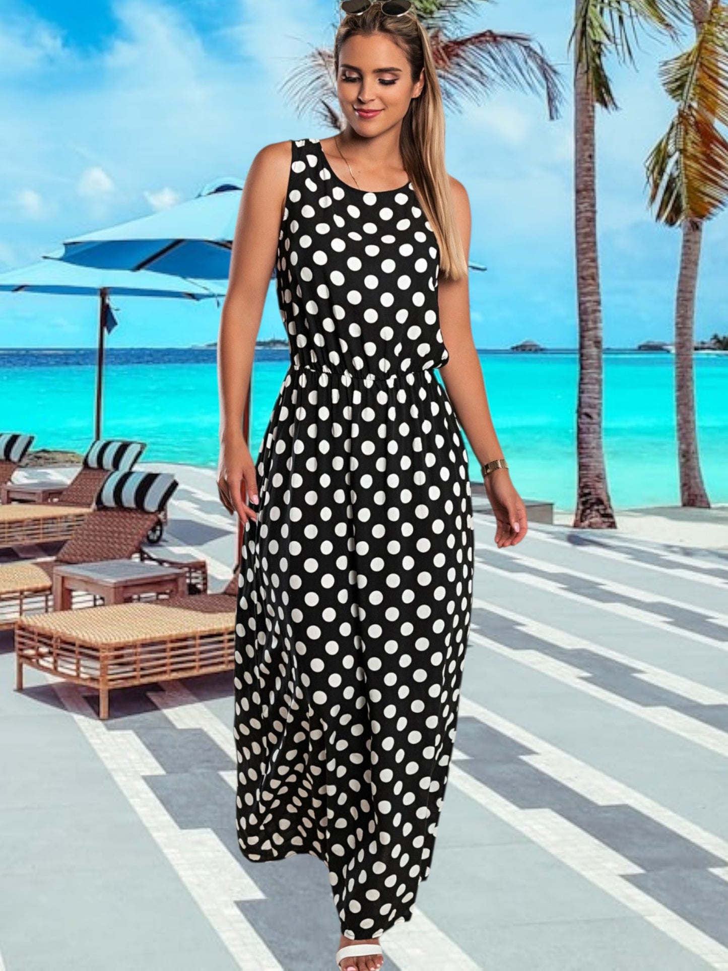 Fenja | Elegantes Maxikleid mit Polka Dots, figurbetont, ärmellos, ideal für den Sommer | Schwarz