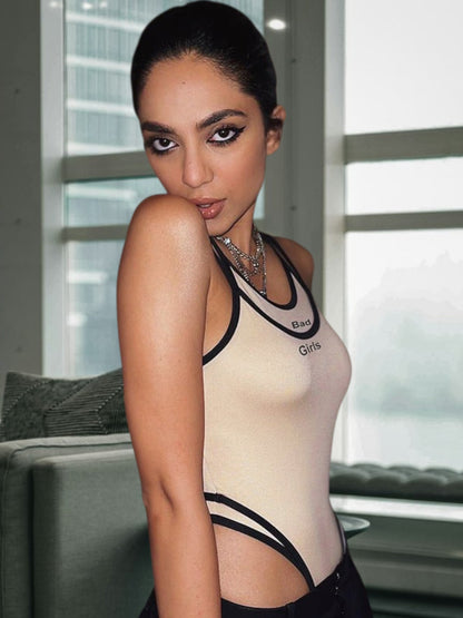 Fiorin | Damen Bodysuit mit kreativem Schriftzug und raffiniertem Trägerdesign aus elastischem Material | Aprikose