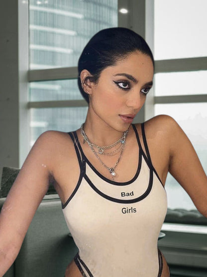 Fiorin | Damen Bodysuit mit kreativem Schriftzug und raffiniertem Trägerdesign aus elastischem Material | Aprikose 2