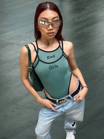 Fiorin | Damen Bodysuit mit kreativem Schriftzug und raffiniertem Trägerdesign aus elastischem Material | Grun