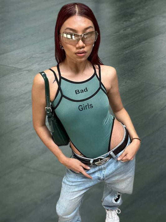Fiorin | Damen Bodysuit mit kreativem Schriftzug und raffiniertem Trägerdesign aus elastischem Material | Grun
