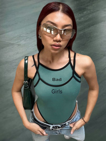 Fiorin | Damen Bodysuit mit kreativem Schriftzug und raffiniertem Trägerdesign aus elastischem Material | Grun 2