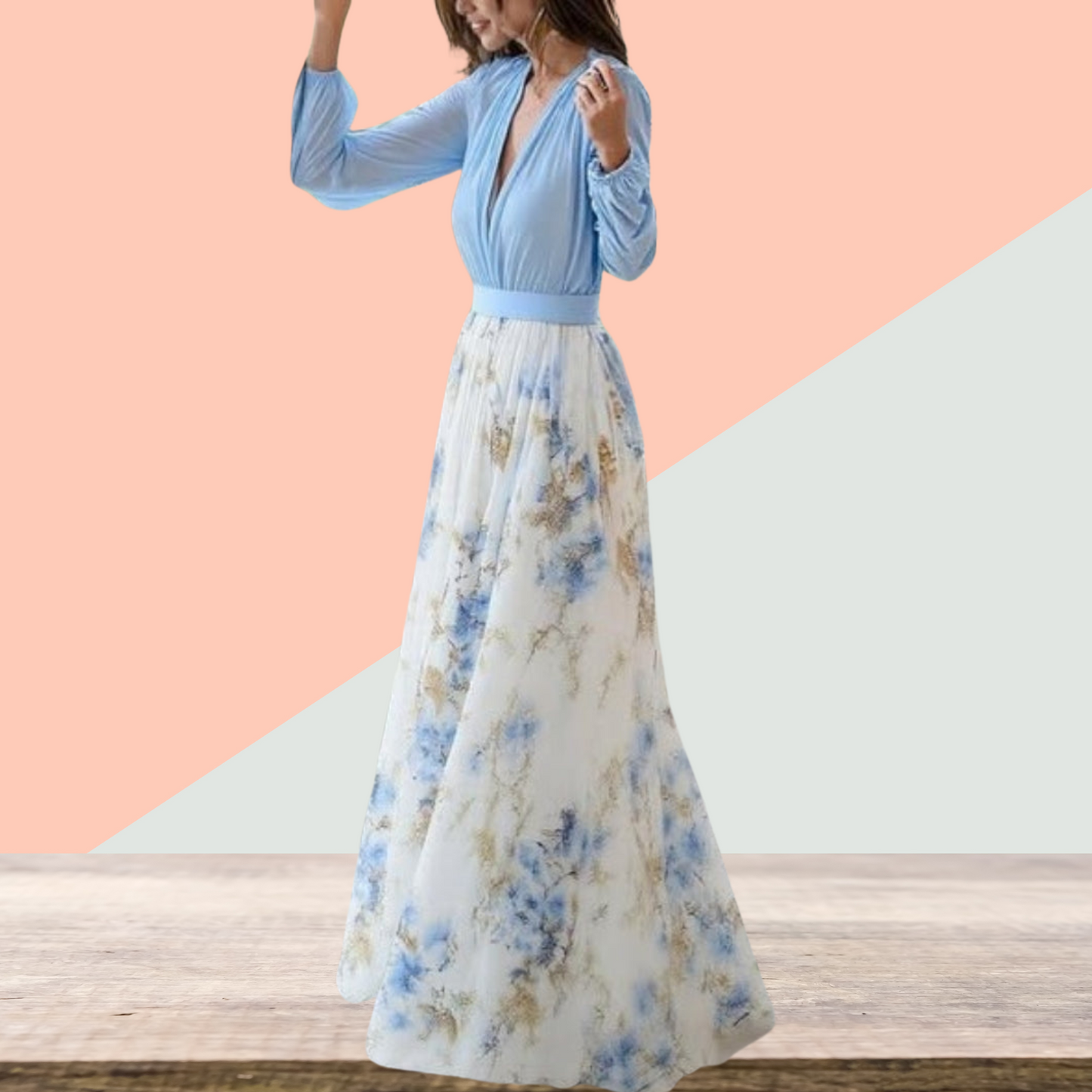 Fließendes Maxikleid mit Blumendruck – stilvoll und leicht für den Sommer | Hellblau 2