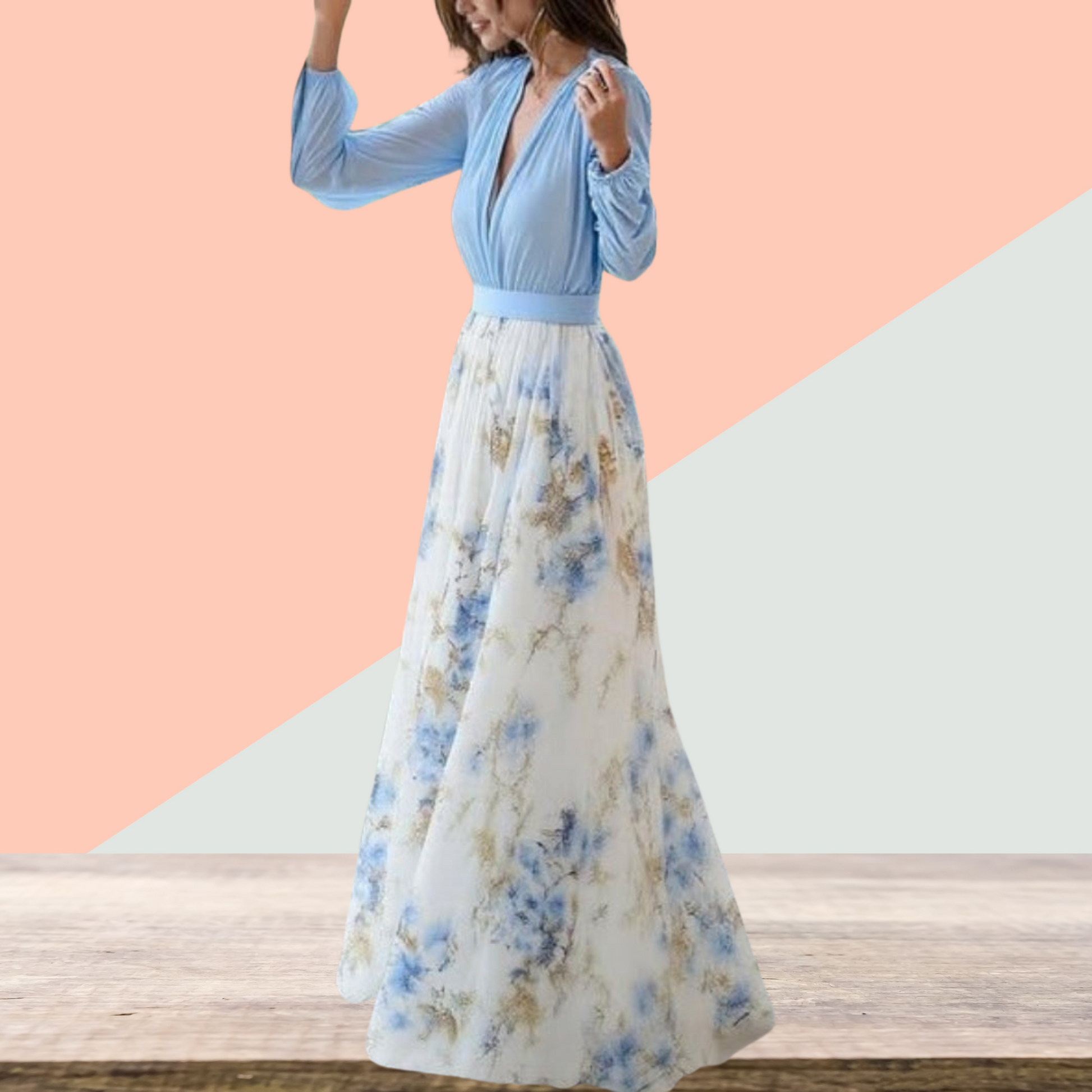 Fließendes Maxikleid mit Blumendruck – stilvoll und leicht für den Sommer | Hellblau 2