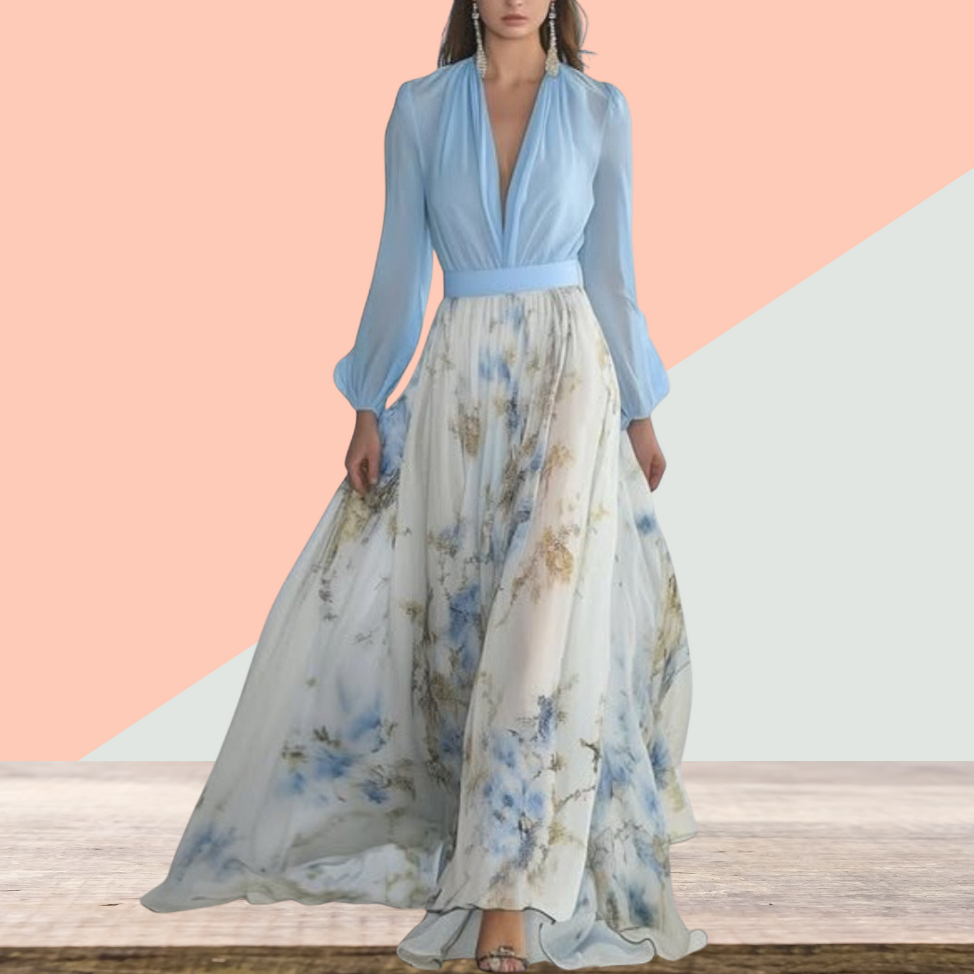 Fließendes Maxikleid mit Blumendruck – stilvoll und leicht für den Sommer | Hellblau 3