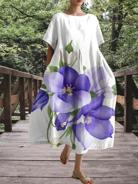 Frida | Lila Blumendruck Damen Kleid mit einer entspannten Passform und kurzen Ärmeln für den Sommer | Lila