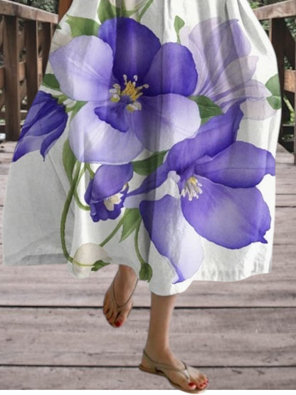 Frida | Lila Blumendruck Damen Kleid mit einer entspannten Passform und kurzen Ärmeln für den Sommer | Lila 3