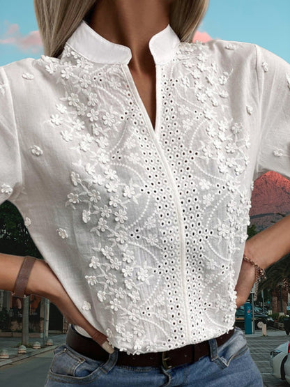 Gestickte Baumwollbluse mit Mandarinkragen