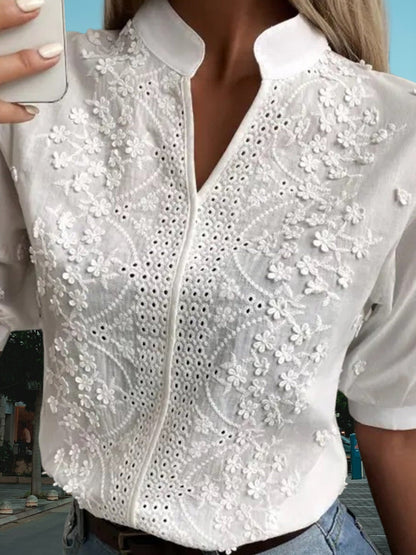 Gestickte Baumwollbluse mit Mandarinkragen