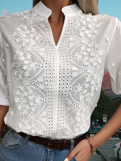 Gestickte Baumwollbluse mit Mandarinkragen