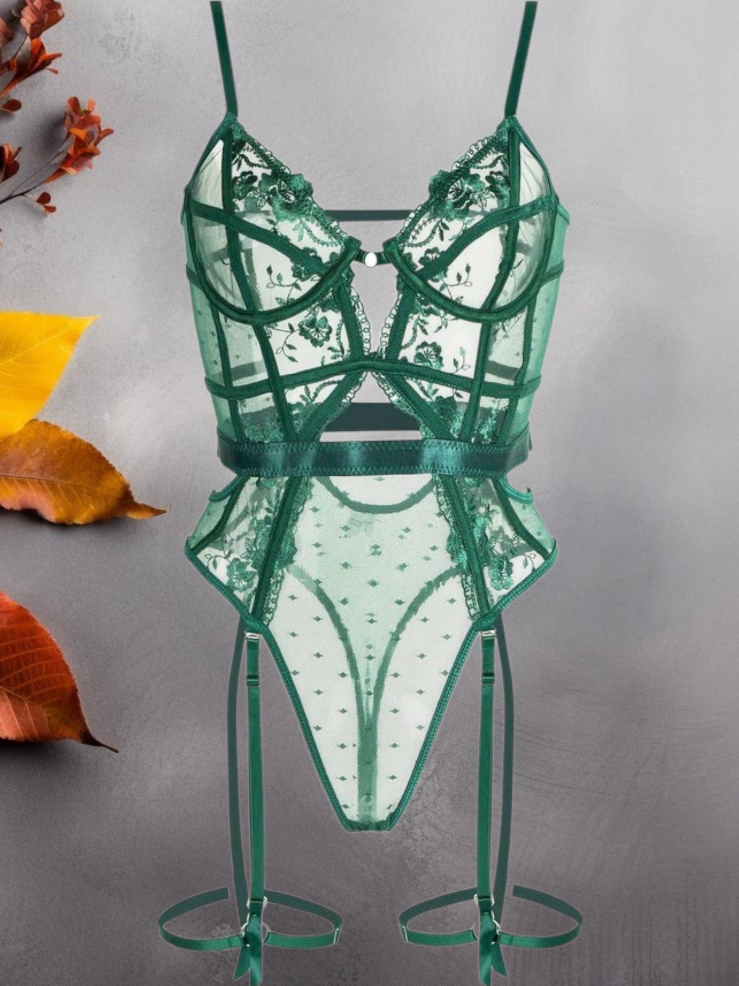 Grüner Spitzenbodysuit mit Unterdrahtunterstützung und verstellbare Gurte 0