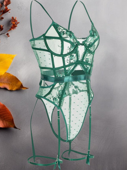 Grüner Spitzenbodysuit mit Unterdrahtunterstützung und verstellbare Gurte 1