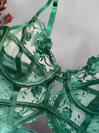 Grüner Spitzenbodysuit mit Unterdrahtunterstützung und verstellbare Gurte 2